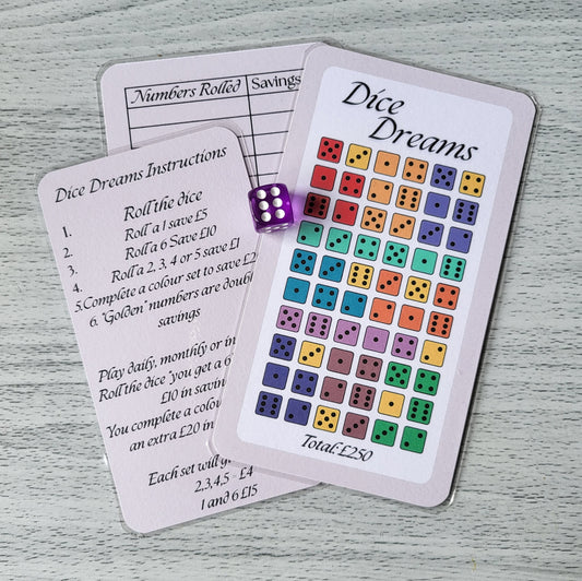 Dice Dreams Savings Challenge, Laminated tracker for budget binder