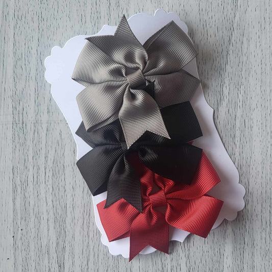 Grey/Burgundy/Black grosgrain pinwheel hair bow clips