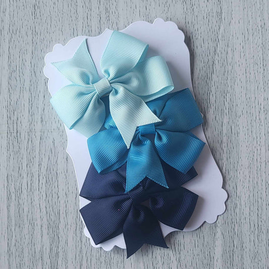 Blue shades grosgrain pinwheel hair bow clips - Set 2