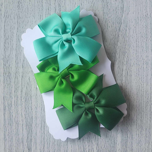 Green shades grosgrain pinwheel hair bow clips - Set 2