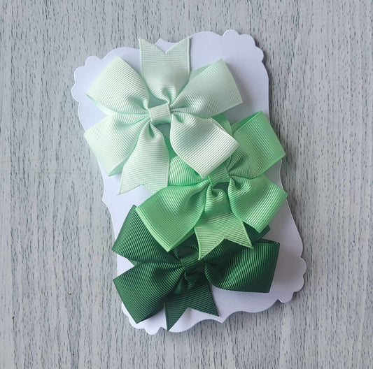 Green shades grosgrain pinwheel hair bow clips - Set 3